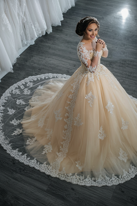 Champagne Elegant Long Sleeves Lace Appliques Ball Gown Wedding Dresses - wedding dresses