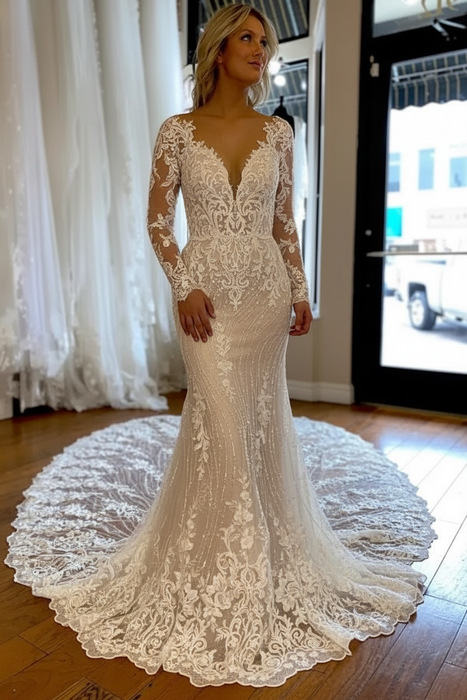 Champagne Elegant Long Sleeves Mermaid Wedding Dress V-Neck Lace Bridal Dress