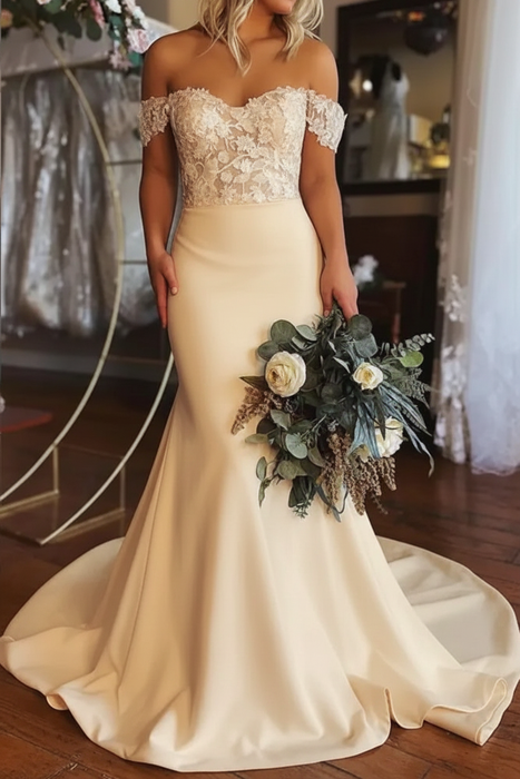 Champagne Elegant Off Shoulder Mermaid Lace Long Wedding Dresses