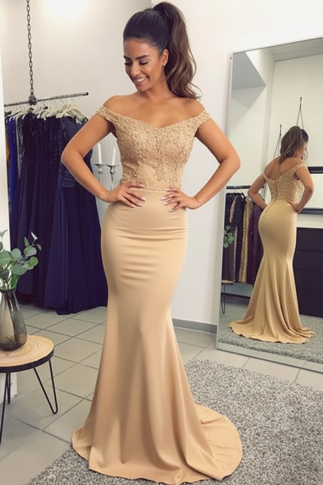 Champagne Elegant Off-the-Shoulder Mermaid Lace Beadings Long Evening Dress - Prom Dresses