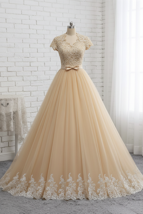 Champagne Elegant Short Sleeves Lace Beaded Tulle Wedding Dresses - wedding dresses