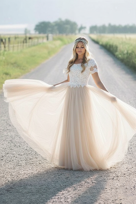 Champagne Elegant Short Sleeves Lace Tulle Wedding Dresses - wedding dresses