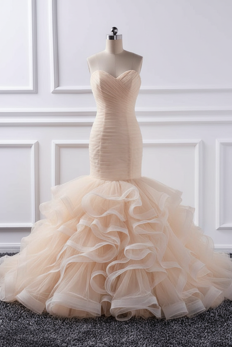 Champagne Elegant sweetheart Mermaid Tulle Wedding Dresses - wedding dresses