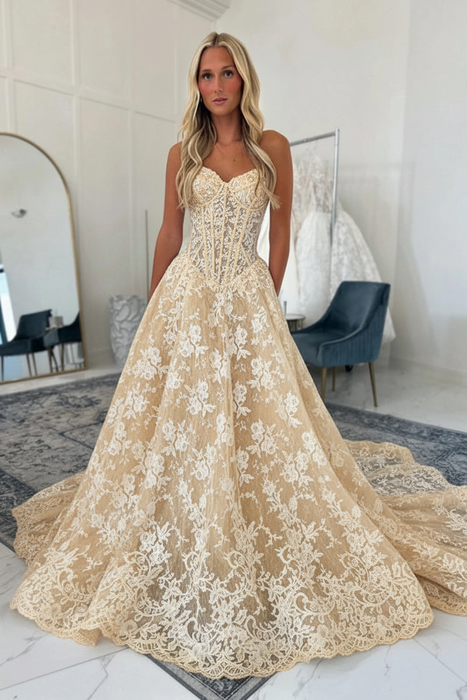 Champagne Elegant Sweetheart Tulle Aline Wedding Dress with Appliques