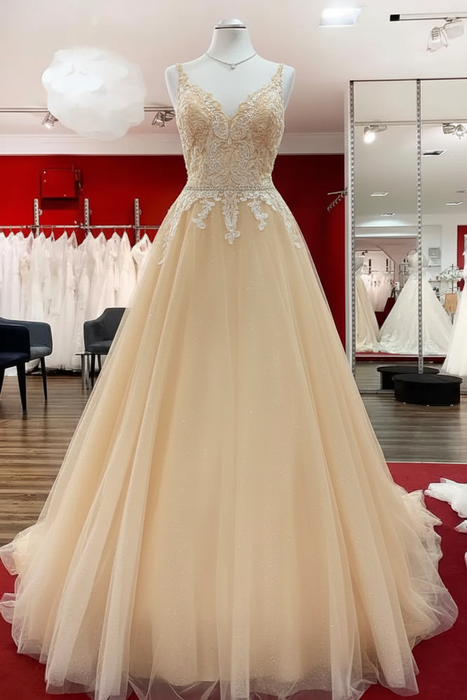 Champagne Elegant Lace A-line Wedding Dress with V-neck Spaghetti Straps