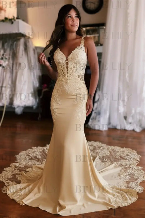 Champagne Mermaid Wedding Dress with Lace Appliques & Cathedral Train