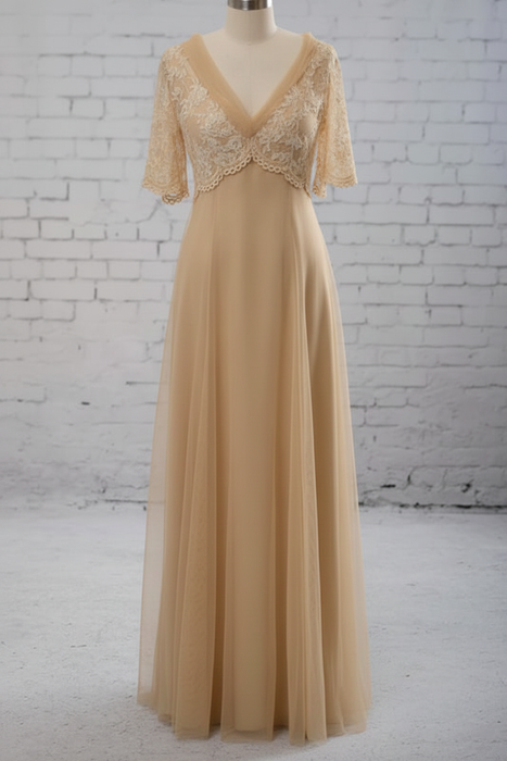 Champagne Empire Waist V-neck Tulle A-line Wedding Dress
