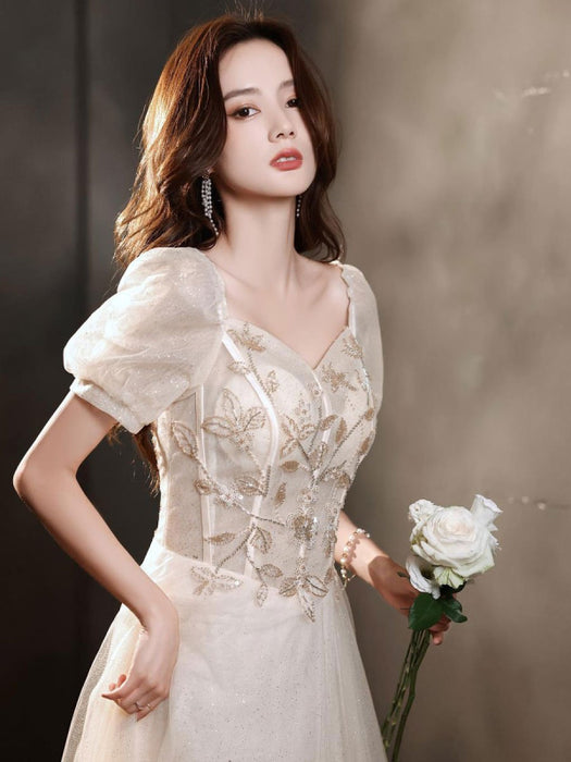 Champagne Evening Dress A-Line Sweetheart Neck Short Sleeves Lace-up Applique Floor-Length Lace Formal Dinner Dresses