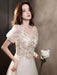 Champagne Evening Dress A-Line Sweetheart Neck Short Sleeves Lace-up Applique Floor-Length Lace Formal Dinner Dresses