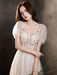Champagne Evening Dress A-Line Sweetheart Neck Short Sleeves Lace-up Applique Floor-Length Lace Formal Dinner Dresses