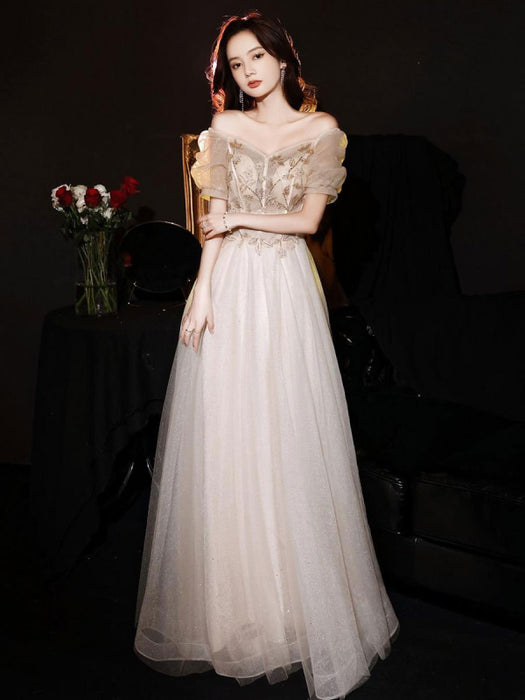 Champagne Evening Dress A-Line Sweetheart Neck Short Sleeves Lace-up Applique Floor-Length Lace Formal Dinner Dresses