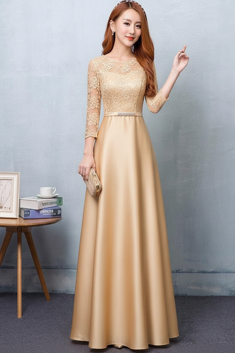 Champagne Evening Dress Satin Prom Dress Lace Applique Wedding Guest Dresses Sash A Line Maxi Mother's Dress wedding guest dress