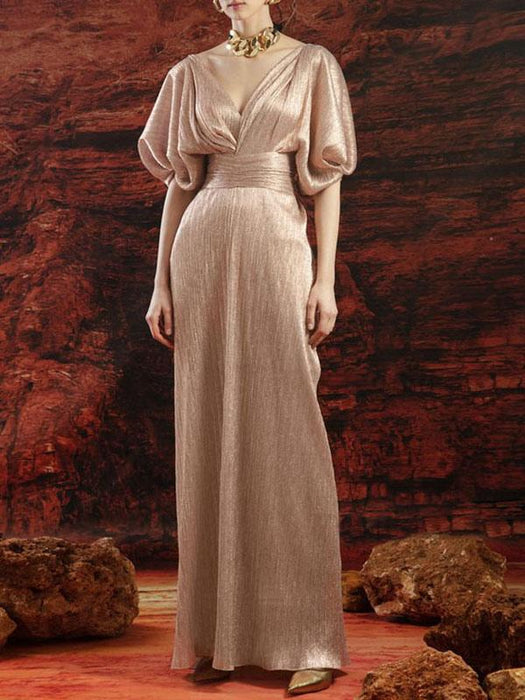 Champagne Evening Dress V Neck Floor Length Short Sleeves Backless Pleated Polyester Formal Party Dresses(APP ExclusivePrice  $179.99)