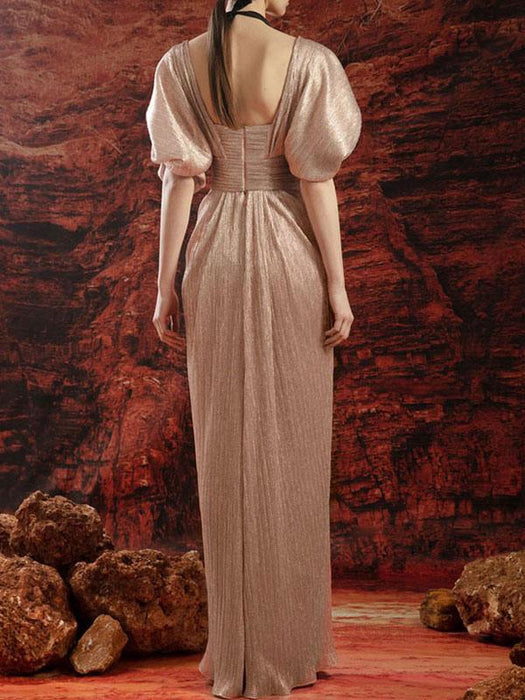 Champagne Evening Dress V Neck Floor Length Short Sleeves Backless Pleated Polyester Formal Party Dresses(APP ExclusivePrice  $179.99)
