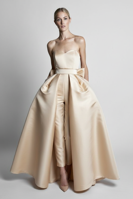 Champagne Sweetheart Evening Jumpsuit Ball Gown Ankle Length Sleeveless Satin Social Party Jumpsuit