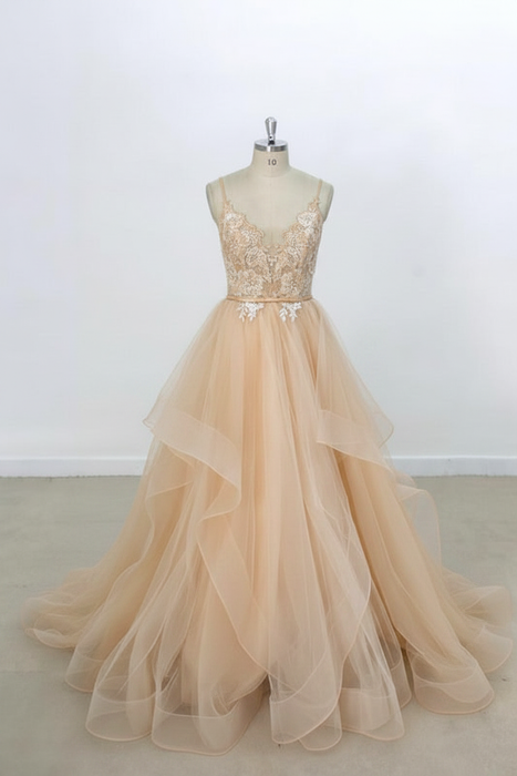 Champagne Eye-catching Appliques Tulle A-line Wedding Dress - Wedding Dresses