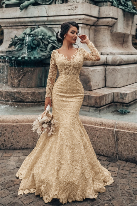 Champagne Floral Lace Mermaid Bridal Dresses Long Sleeves V-Neck Spring Wedding Dress - Wedding Dresses