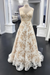 Champagne A Line V Neck White Floral Lace Long Wedding Dress