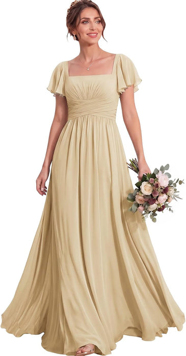 Bridelily Women's Flutter Sleeves Bridesmaid Dresses Square Neck Chiffon Maxi Dres - Champagne