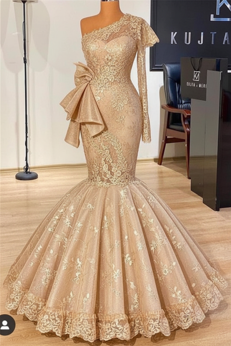 Champagne Glitter Mermaid Prom Dress Long Sleeves Floral Lace Party Dress - Prom Dresses