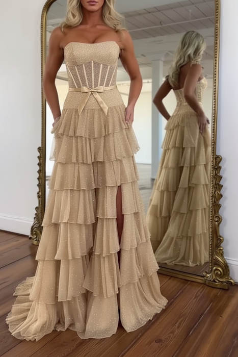 Champagne Glitter Strapless Tiered Ruffle Corset Prom Dress Long with Slit