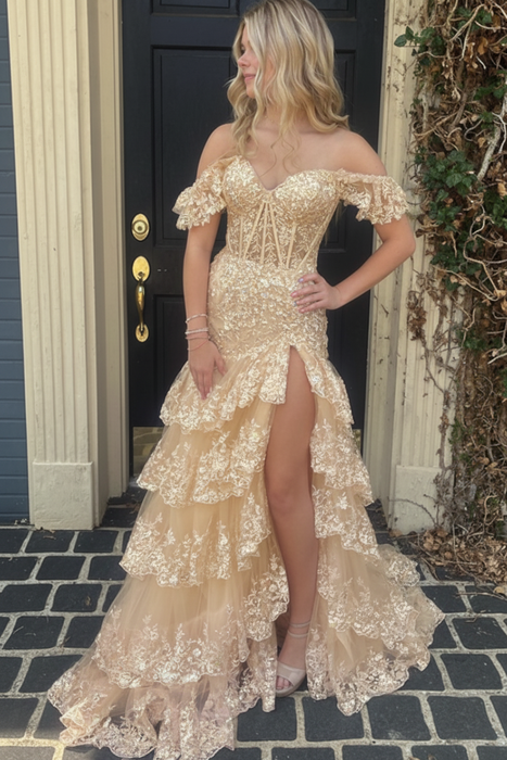 Champagne Gold Glitter Sequins Off-the-shoulder Tulle Split Front A-Line Prom Dresses - Prom Dress