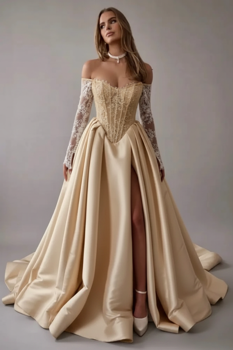 Champagne Gorgeous Off-the-Shoulder Satin Aline Wedding Dresses Front Split Long Sleeves Bridal Gown - Wedding Dresses