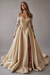 Champagne Gorgeous Off-the-Shoulder Satin Aline Wedding Dresses Front Split Long Sleeves Bridal Gown - Wedding Dresses