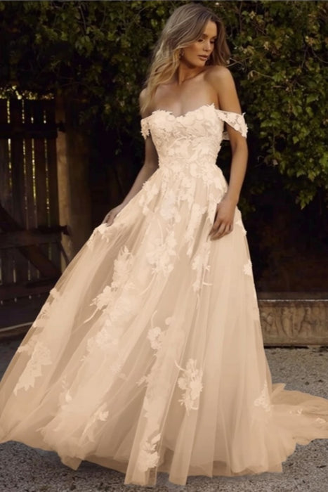 Gorgeous Open Back Appliques Tulle A-line Wedding Dresses