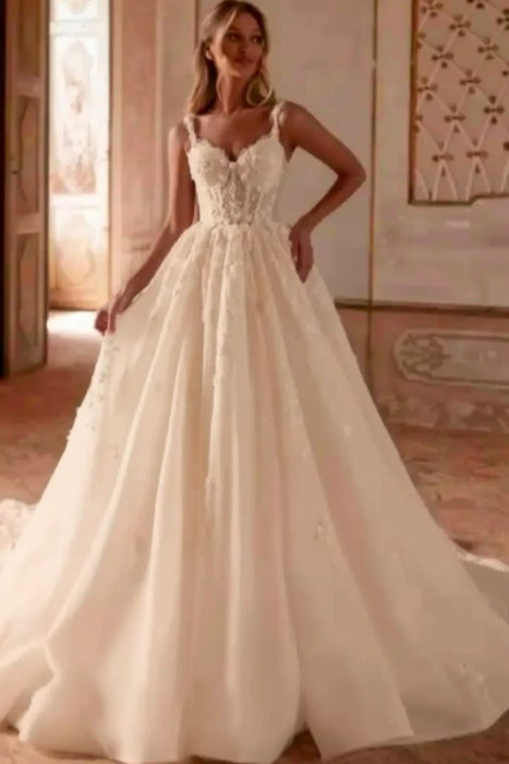 Champagne Gorgeous Tulle Lace Aline Wedding Dress Sweetheart with Chapel Train - Wedding Dresses