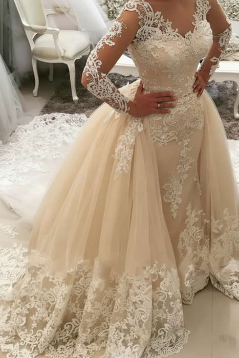 Champagne Gorgeous V-Neck Long Sleeves Appliques Watteau Train Wedding Dress