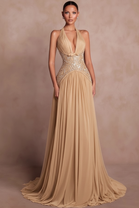 Champagne Halter Aline Evening Dress Glitter Chiffon Prom Dress with Sequins