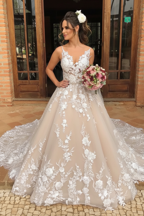 Champagne V Neck Lace Aline Wedding Dress