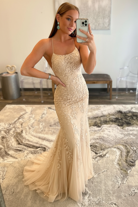 Champagne  Lace Mermaid Backless Long Prom Dresses