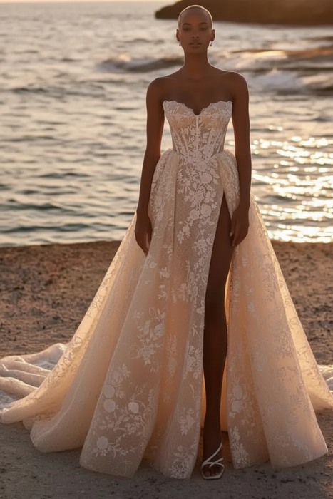 Champagne Strapless Aline Bridal Dress Lace Appliques Beach Wedding Dress with Front Split