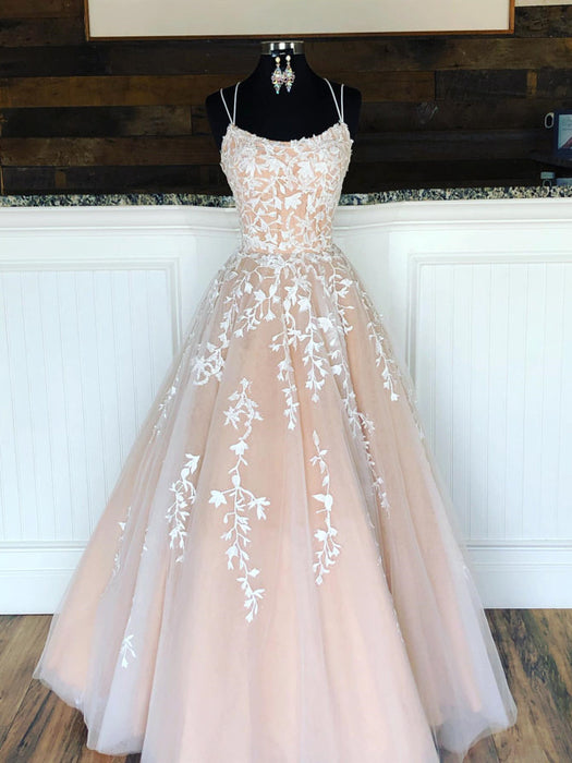 Champagne Lace Evening Dress A-Line Tulle Sleeveless Formal Gown-Bridelily