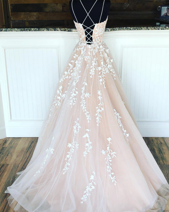 Champagne Lace Evening Dress A-Line Tulle Sleeveless Formal Gown-Bridelily