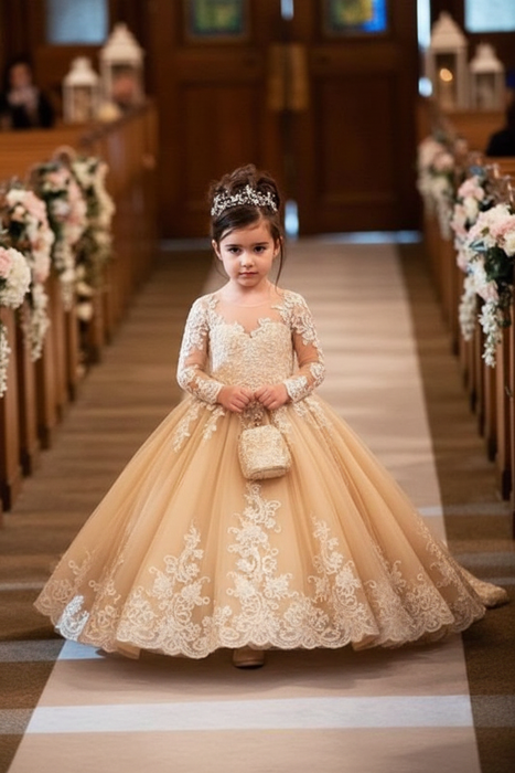 Champagne Long Sleeves Princess Long Lace Flower Girl Dresses - Flower Girl Dresses