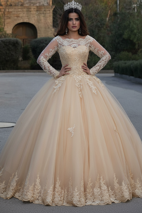Champagne Long Sleeves Lace Appliques Wedding Dresses - wedding dresses