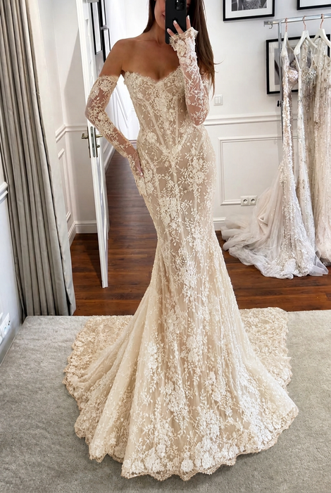 Champagne Long Sleeves Mermaid Wedding Dress Lace with Off Shoulder