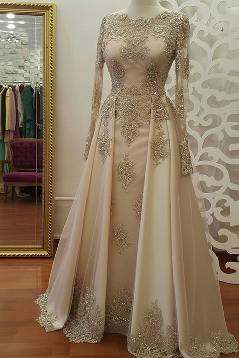 Champagne A-Line/Princess Long Sleeves Scoop Floor-Length Applique Tulle Muslim Dresses - Prom Dresses