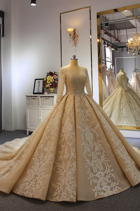 Champagne Luxury O-Neck Long Sleeves Lace- Up Ball Gown wedding Dresses - wedding dresses