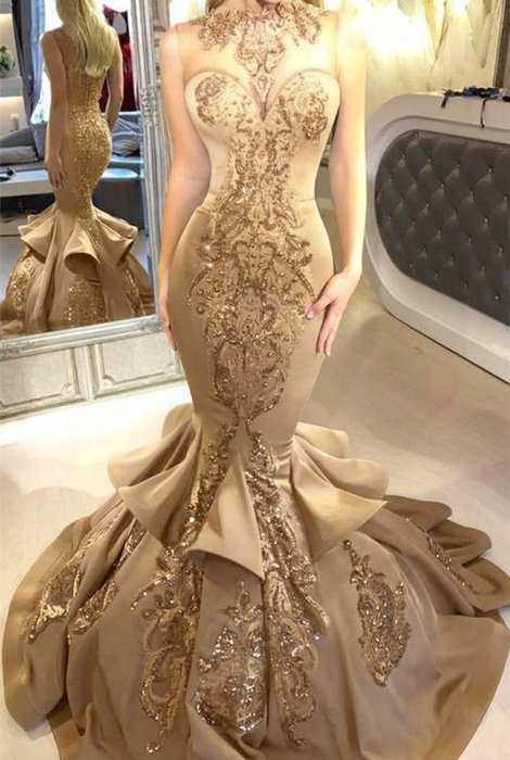 Champagne Mermaid Beads Prom Dresses Appliques Evening Dresses