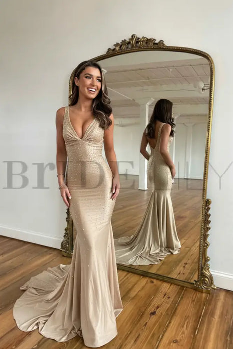 Champagne Mermaid Prom Dress V Neck Long with Beads