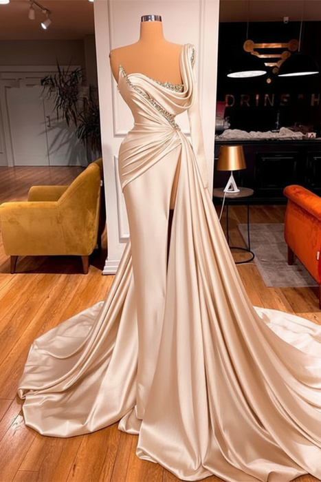 Champagne One Shoulder Mermaid Prom Dress Beaded with Split