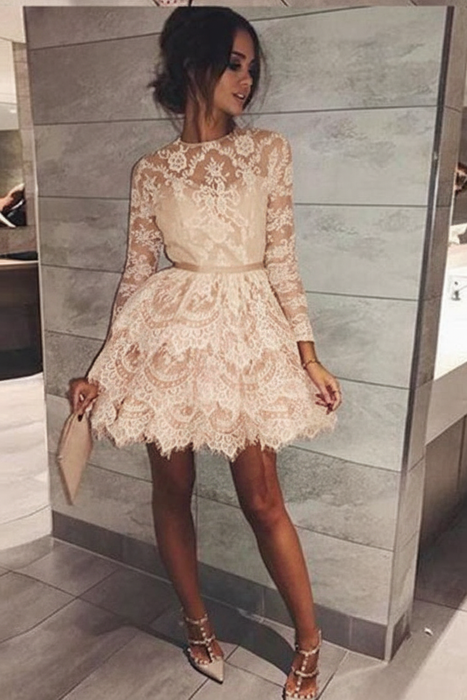 Mini Long Sleeve Lace Cocktail Dress Homecoming & Sweet 16 - Bridelily Mini Long Sleeve Lace Cocktail Dress Homecoming & Sweet 16 - Bridelily