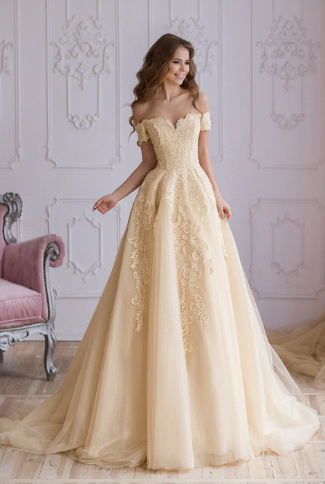Off Shoulder Lace Prom Dress - Champagne