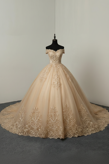 Champagne wedding dresses ball gown off the shoulder short sleeve natural waist lace applique tulle bridal dress