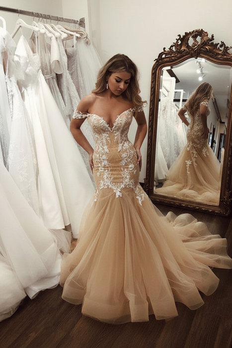 Champagne Off the Shoulder Mermaid Lace Long Tulle Wedding Dress - Wedding Dresses