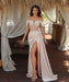 Champagne Off-The-Shoulder Mermaid Prom Dress with Beadings Split Ruffles